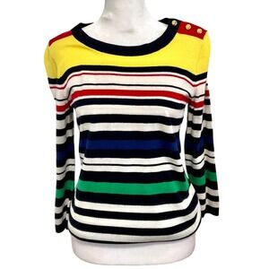 Talbots striped sweater lightweight nautical gold anchor buttons bright colors S